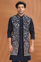 Navy Blue Silk Floral Embroidered Jacket Kurta Set